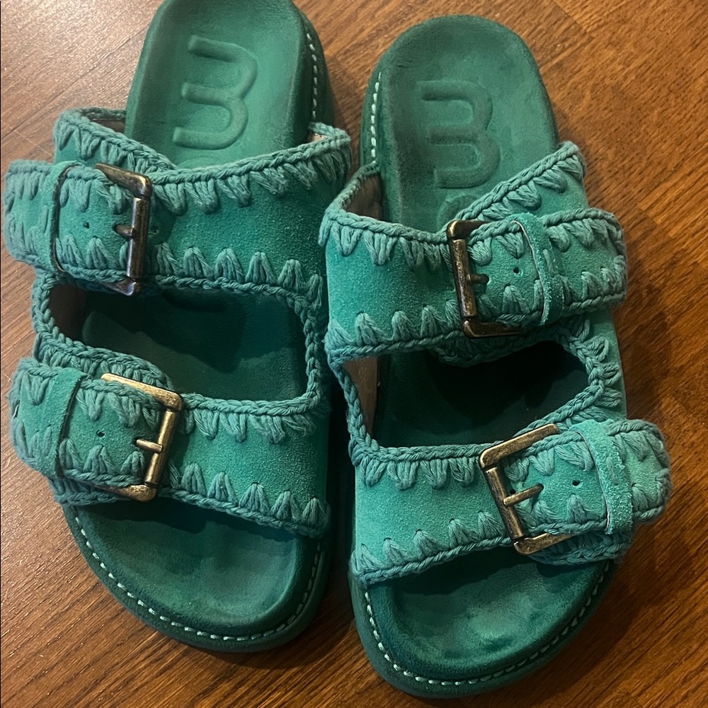 Mou Teal Double-Buckle Sandals
